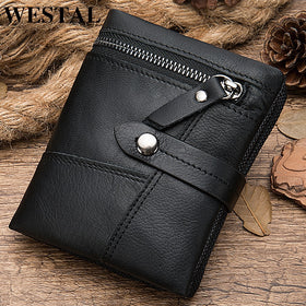 WESTAL men's leather purse wallet male clutch bag leather wallet short money bag for men zipper clutch male genuine leather 8837