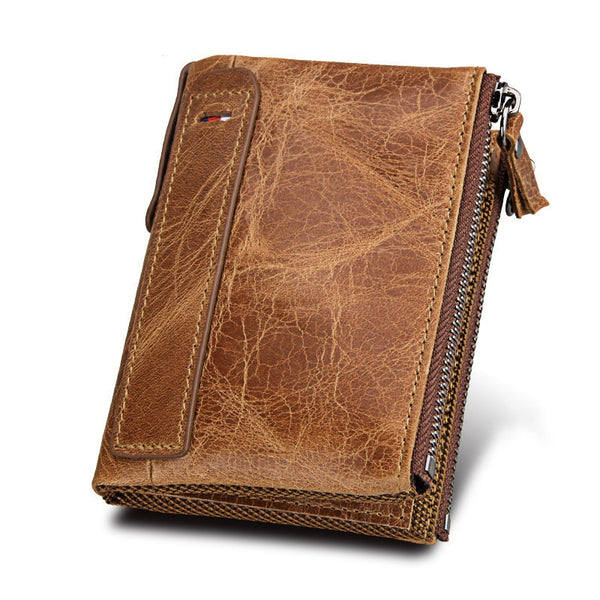 100% Genuine Leather Men Wallet Small Zipper Pocket Men Wallet